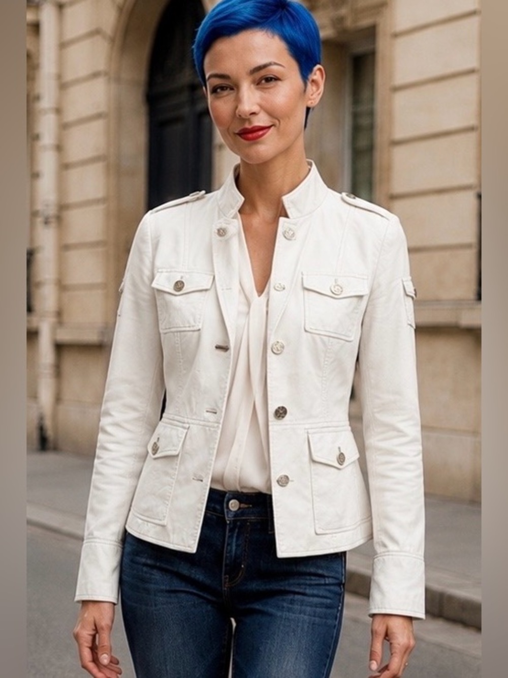 Tory Burch Sergeant Pepper Leather Jacket Women’s 4 Off White Military